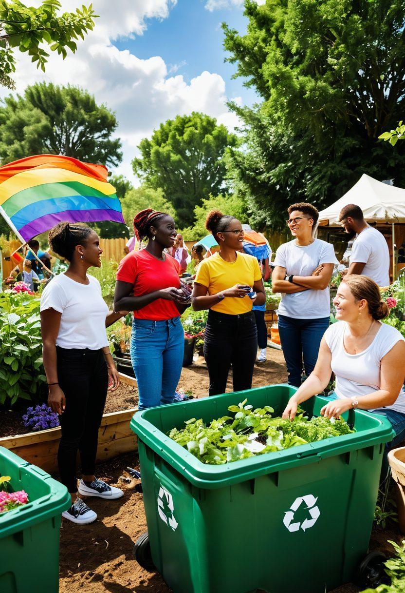 A vibrant and lively scene depicting a diverse group of people of various gender identities engaged in eco-friendly activities in a colorful community garden. Include elements such as recycling bins, organic plants, and rainbow flags fluttering in the background. The atmosphere should feel inclusive and celebratory, showcasing harmony between nature and queer activism. The sky should be bright and sunny, symbolizing hope and unity. super-realistic. vibrant colors. 3D.