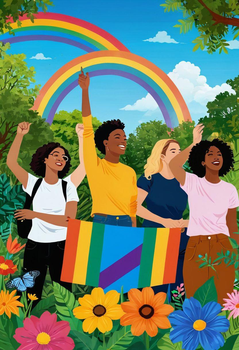 A vibrant digital collage showcasing a diverse group of LGBTQ+ individuals passionately engaging in eco-friendly activities, surrounded by lush greenery and colorful flowers. Include symbols of activism like banners and signs promoting sustainability. The background should feature a bright blue sky and sunshine, highlighting a sense of community and hope. Emphasize warmth and inclusivity with a rainbow color palette. vector art. vibrant colors.