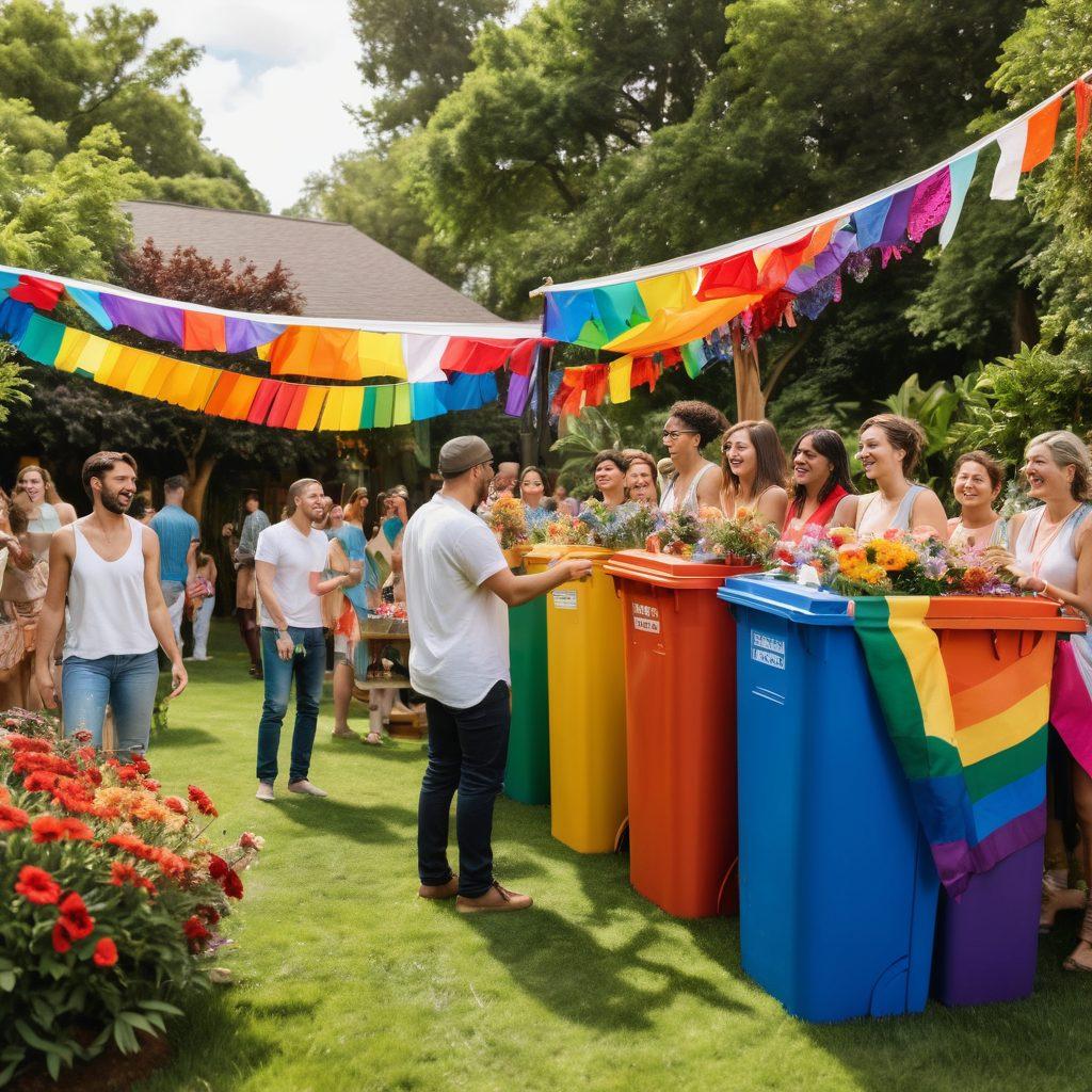 A vibrant gathering of diverse LGBTQ+ individuals joyfully celebrating in a lush garden filled with colorful flowers and eco-friendly decorations. Rainbow banners flutter in the breeze, symbolizing both love and nature. Include elements of sustainability, like recycling bins and plant-based decor, to emphasize eco-consciousness. The scene is warm and inviting, embodying community and acceptance. bright colors. super-realistic.